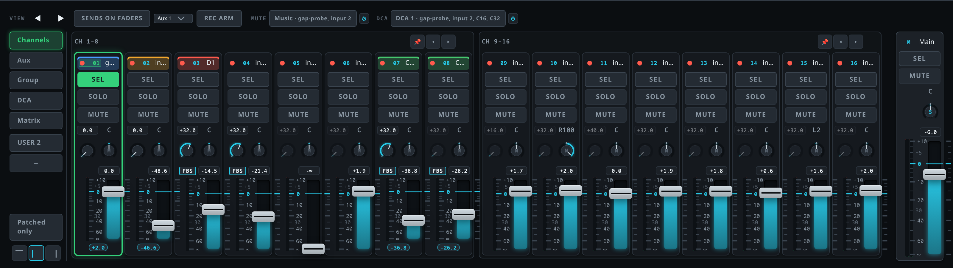 The fader bay in the dark theme