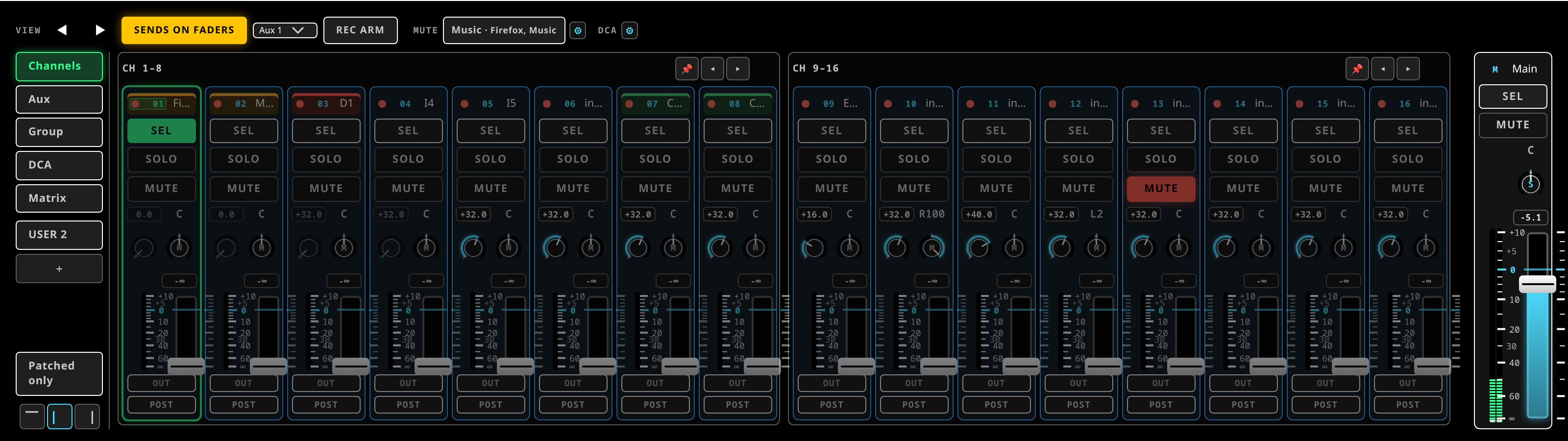 The fader bay in sends-on-faders