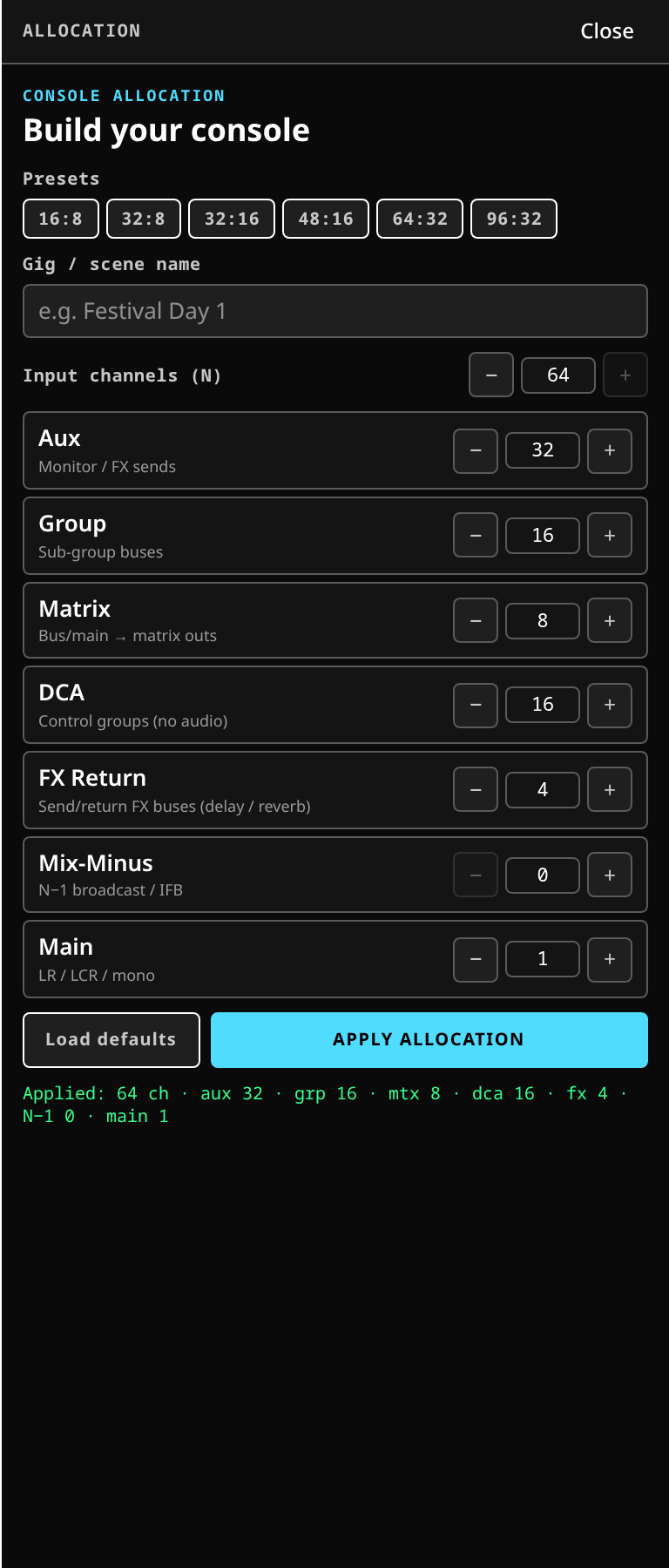 Setup, Allocation