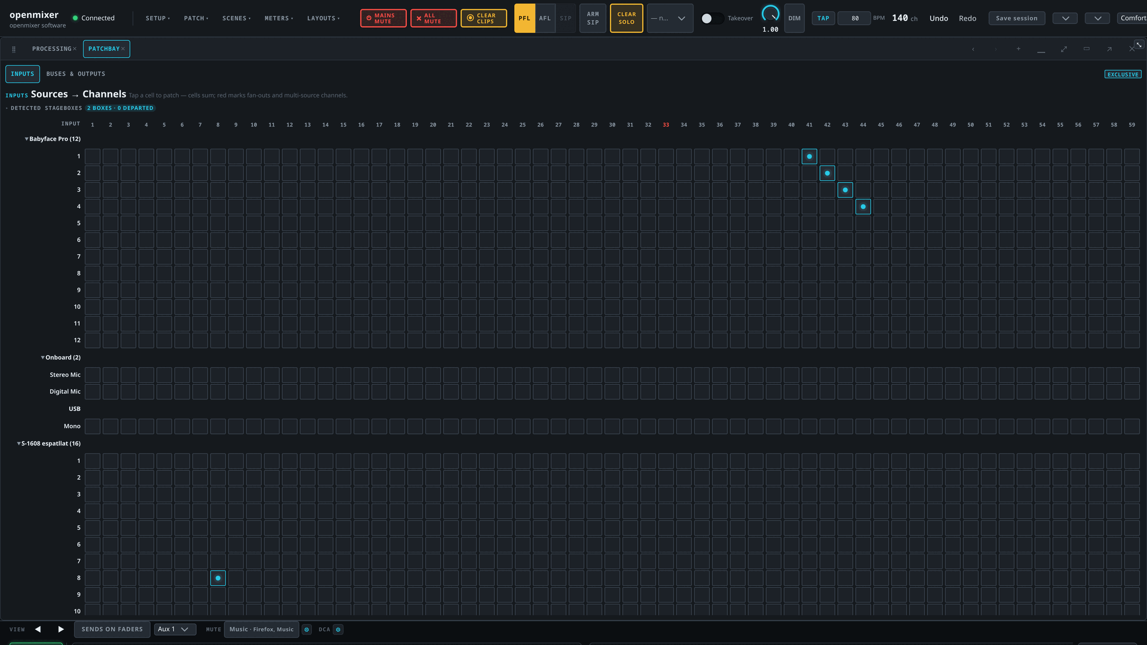 The patchbay: a crosspoint grid of sources against channels, with detected stageboxes grouped down the left edge.